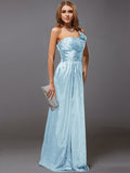 Sheath/Column One-Shoulder Sleeveless Ruffles Long Satin Bridesmaid Dresses TPP0005611