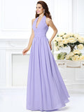 A-Line/Princess Halter Pleats Sleeveless Long Chiffon Bridesmaid Dresses TPP0002801