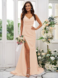 Sheath/Column Stretch Crepe Ruched V-neck Sleeveless Sweep/Brush Train Bridesmaid Dresses TPP0004893