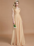 A-Line/Princess V-neck Sleeveless Ruched Floor-Length Silk like Satin Bridesmaid Dresses TPP0005430