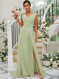 A-Line/Princess Chiffon Ruched V-neck Sleeveless Sweep/Brush Train Bridesmaid Dresses TPP0004916