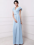 Sheath/Column V-neck Short Sleeves Pleats Long Chiffon Bridesmaid Dresses TPP0005438