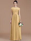 A-Line/Princess Jewel Short Sleeves Lace Floor-Length Chiffon Bridesmaid Dresses TPP0005179