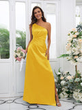 Sheath/Column Elastic Woven Satin Ruched One-Shoulder Sleeveless Floor-Length Bridesmaid Dresses TPP0004908