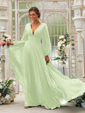 A-Line/Princess Chiffon Ruffles V-neck Long Sleeves Sweep/Brush Train Bridesmaid Dresses TPP0004894