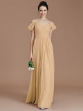 A-Line/Princess Off-the-Shoulder Sleeveless Ruched Floor-Length Chiffon Bridesmaid Dresses TPP0005324