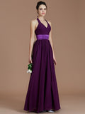 A-Line/Princess Halter Sleeveless Sash/Ribbon/Belt Floor-Length Chiffon Bridesmaid Dresses TPP0005410