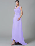 A-Line/Princess Straps Ruched Sleeveless High Low Satin Bridesmaid Dresses TPP0005525