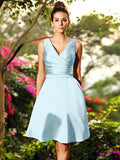 A-Line/Princess V-neck Ruched Sleeveless Short Satin Bridesmaid Dresses TPP0005404