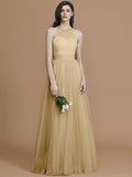 A-Line/Princess Halter Sleeveless Floor-Length Ruffles Tulle Bridesmaid Dresses TPP0005376