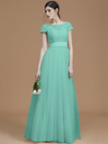 A-Line/Princess Bateau Short Sleeves Floor-Length Sash/Ribbon/Belt Tulle Bridesmaid Dresses TPP0005494