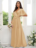 A-Line/Princess Silk like Satin Sash/Ribbon/Belt V-neck Short Sleeves Floor-Length Bridesmaid Dresses TPP0004897