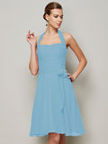 A-Line/Princess Halter Sleeveless Pleats Bowknot Short Chiffon Bridesmaid Dresses TPP0005094