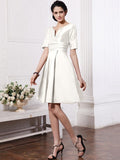 Sheath/Column V-neck Half Sleeves Pleats Taffeta Bridesmaid Dresses TPP0005658