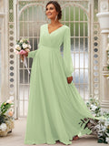 A-Line/Princess Chiffon Ruched V-neck Long Sleeves Floor-Length Bridesmaid Dresses TPP0004950