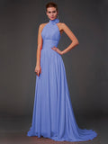 A-Line/Princess Halter Sleeveless Hand-Made Flower Long Chiffon Bridesmaid Dresses TPP0004909