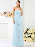 Sheath/Column Strapless Hand-Made Flower Sleeveless Long Chiffon Bridesmaid Dresses TPP0005538