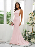 Sheath/Column Stretch Crepe Ruffles Square Sleeveless Sweep/Brush Train Bridesmaid Dresses TPP0004954