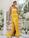 Sheath/Column Elastic Woven Satin Ruched Square Sleeveless Sweep/Brush Train Bridesmaid Dresses TPP0004933