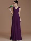 A-Line/Princess V-neck Sleeveless Ruched Floor-Length Chiffon Bridesmaid Dresses TPP0005037