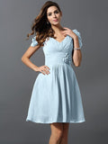 A-Line/Princess V-neck Hand-Made Flower Short Sleeves Short Chiffon Bridesmaid Dresses TPP0005481