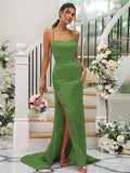 Sheath/Column Elastic Woven Satin Ruched Square Sleeveless Sweep/Brush Train Bridesmaid Dresses TPP0004933