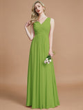 A-Line/Princess V-neck Sleeveless Ruched Floor-Length Chiffon Bridesmaid Dresses TPP0005343