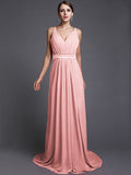 A-Line/Princess V-neck Sleeveless Long Ruffles Chiffon Bridesmaid Dresses TPP0005515