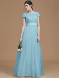 A-Line/Princess Bateau Short Sleeves Floor-Length Sash/Ribbon/Belt Tulle Bridesmaid Dresses TPP0005494