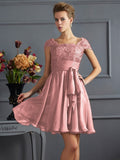 A-Line/Princess Scoop Short Sleeves Lace Short Chiffon Bridesmaid Dresses TPP0005086