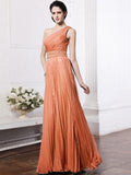 Sheath/Column One-Shoulder Sleeveless Beading Pleats Long Chiffon Bridesmaid Dresses TPP0005588