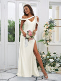 Sheath/Column Charmeuse Ruched Off-the-Shoulder Sleeveless Sweep/Brush Train Bridesmaid Dresses TPP0004898