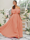 A-Line/Princess Chiffon Ruffles Off-the-Shoulder Sleeveless Floor-Length Bridesmaid Dresses TPP0004914