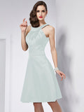 A-Line/Princess Scoop Sleeveless Pleats Short Elastic Woven Satin Bridesmaid Dresses TPP0005103