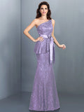 Trumpet/Mermaid One-Shoulder Lace Sleeveless Long Lace Bridesmaid Dresses TPP0005307