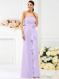 Sheath/Column Strapless Hand-Made Flower Sleeveless Long Chiffon Bridesmaid Dresses TPP0005538