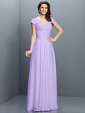 A-Line/Princess V-neck Pleats Short Sleeves Long Chiffon Bridesmaid Dresses TPP0005256