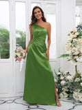 Sheath/Column Elastic Woven Satin Ruched One-Shoulder Sleeveless Floor-Length Bridesmaid Dresses TPP0004908