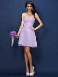 A-Line/Princess Sweetheart Lace Pleats Sleeveless Short Satin Bridesmaid Dresses TPP0005420