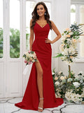 Sheath/Column Stretch Crepe Ruched V-neck Sleeveless Sweep/Brush Train Bridesmaid Dresses TPP0004893