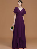 A-Line/Princess V-neck Short Sleeves Floor-Length Ruched Chiffon Bridesmaid Dresses TPP0005041