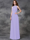 A-line/Princess Jewel Ruched Sleeveless Long Chiffon Bridesmaid Dresses TPP0005189