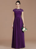 A-Line/Princess Jewel Short Sleeves Lace Floor-Length Chiffon Bridesmaid Dresses TPP0005179