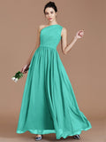 A-Line/Princess One-Shoulder Sleeveless Ruched Floor-Length Chiffon Bridesmaid Dresses TPP0005235