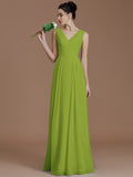 A-Line/Princess V-neck Sleeveless Ruched Floor-Length Chiffon Bridesmaid Dresses TPP0005037