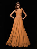 A-Line/Princess One-Shoulder Sleeveless Hand-Made Flower Long Chiffon Bridesmaid Dresses TPP0005084