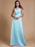 A-Line/Princess V-neck Long Sleeveless Elastic Woven Satin Bridesmaid Dresses TPP0005409