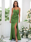 Sheath/Column Elastic Woven Satin Ruched Spaghetti Straps Sleeveless Sweep/Brush Train Bridesmaid Dresses TPP0004935