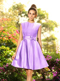 A-Line/Princess High Neck Bowknot Sleeveless Short Satin Bridesmaid Dresses TPP0005229