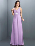 A-Line/Princess V-neck Beading Pleats Sleeveless Long Chiffon Bridesmaid Dresses TPP0005270